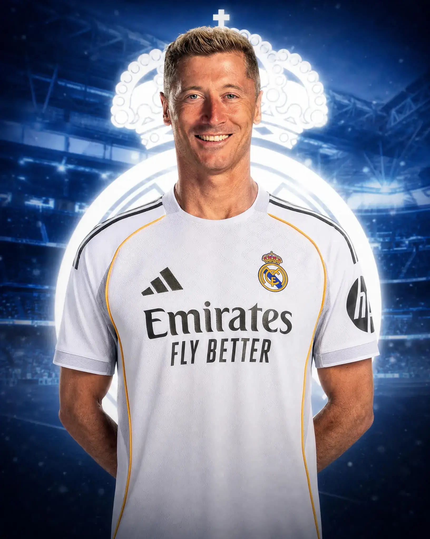 Generated transfer announcement graphic: player in the new kit with a glowing club crest backdrop
